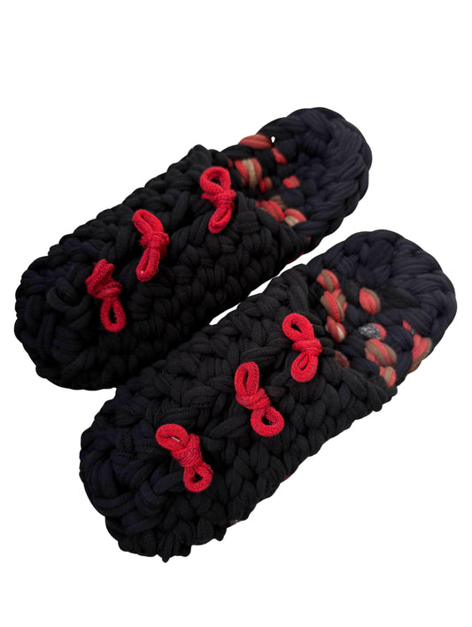 Handmade Japanese knit slippers made from recycled fabric with red accents