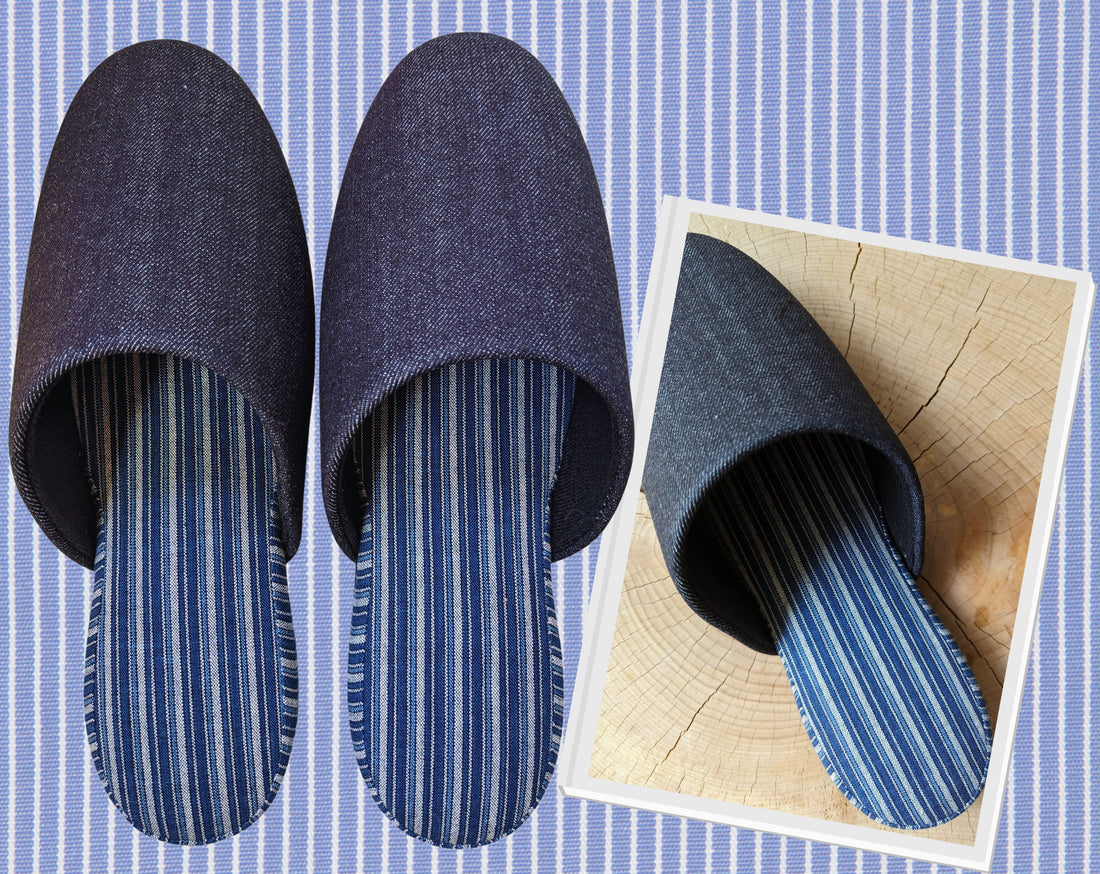 These striped slippers blend denim with various shades of blue, inspired by Japan.
