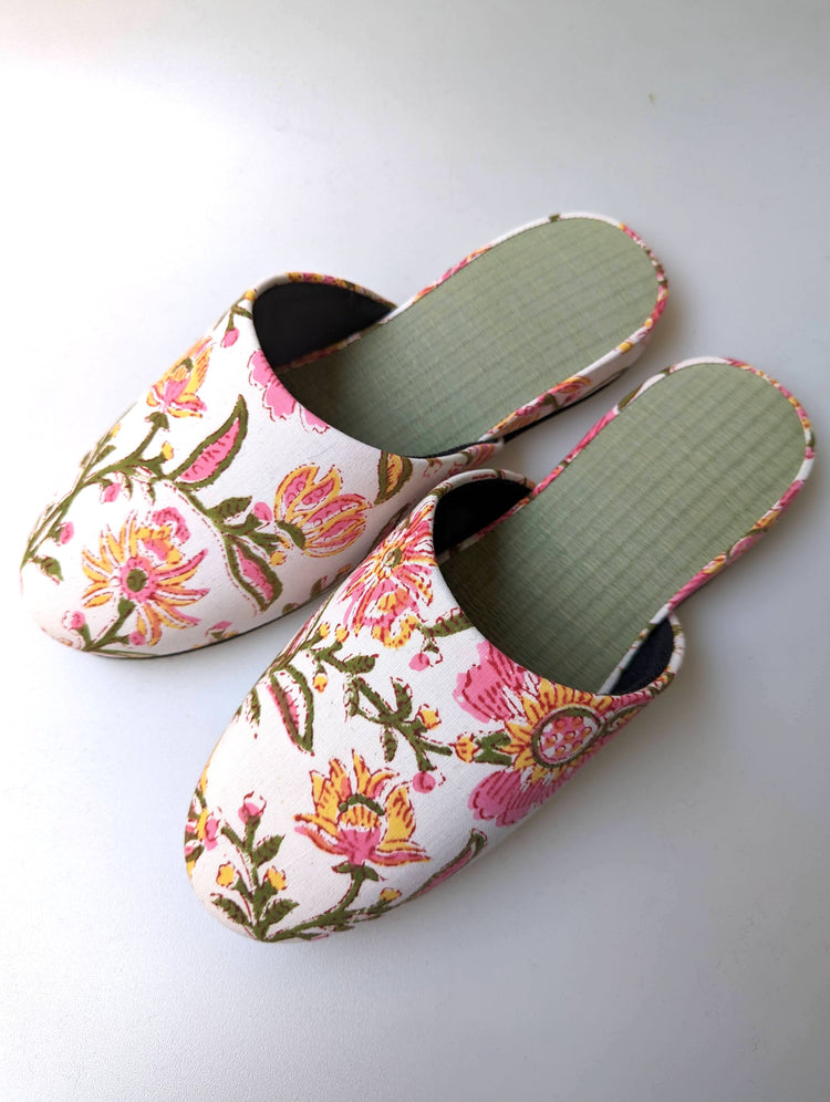 [Large] Tatami Block Printing Flowers Slippers 2023L-B