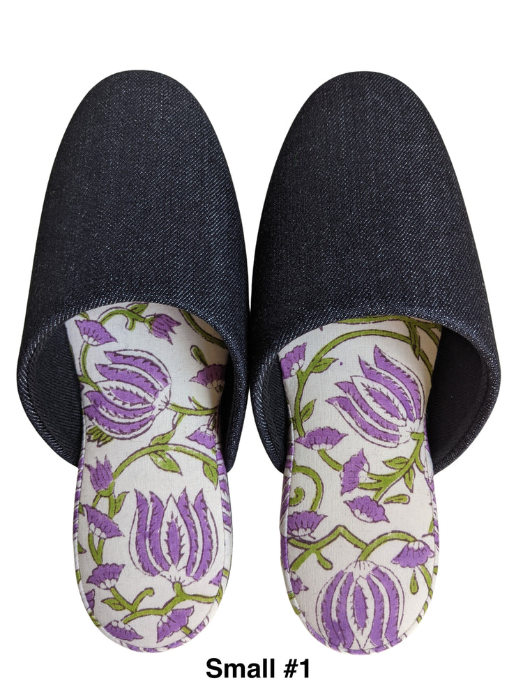 Small  Denim and Flowers Mix Slippers [Black wool felt sole] (2021 Spring / Block Printing Flowers #2) Small