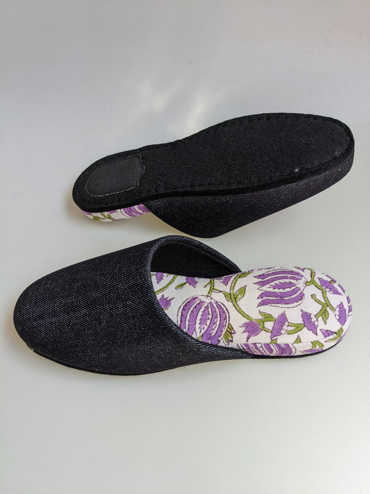 Small  Denim and Flowers Mix Slippers [Black wool felt sole] (2021 Spring / Block Printing Flowers #2) Small