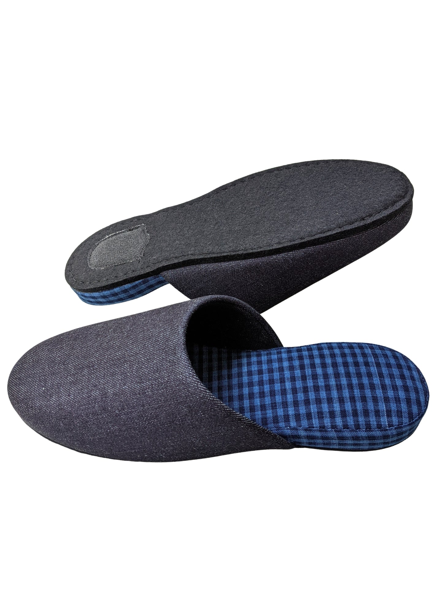 Denim Blue Checkered Plaid Mix Slippers [Black wool felt sole] 2 size Large / XL
