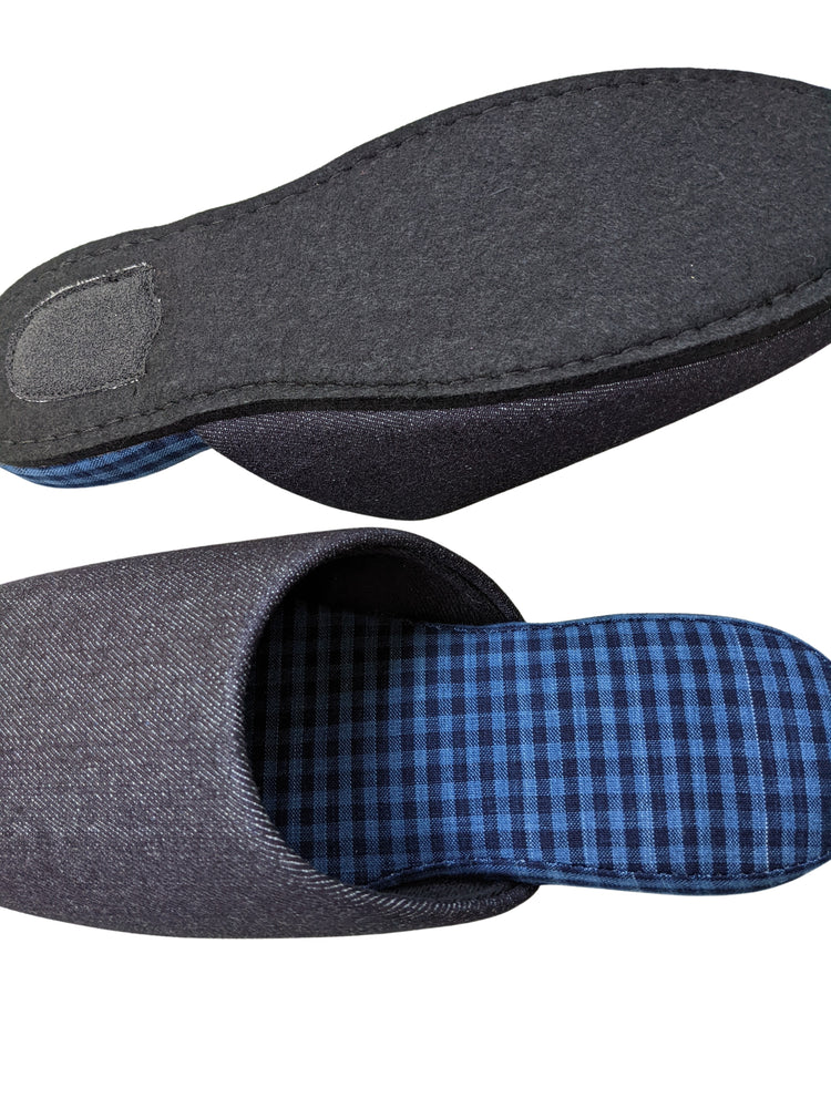 Denim Blue Checkered Plaid Mix Slippers [Black wool felt sole] 2 size Large / XL