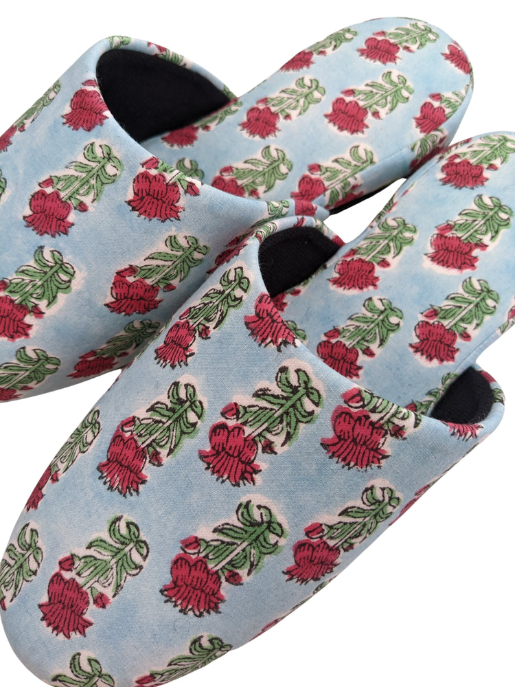 Large Block Printing Flowers Mix Slippers [Black wool felt soles] LF2209  [Size Large]