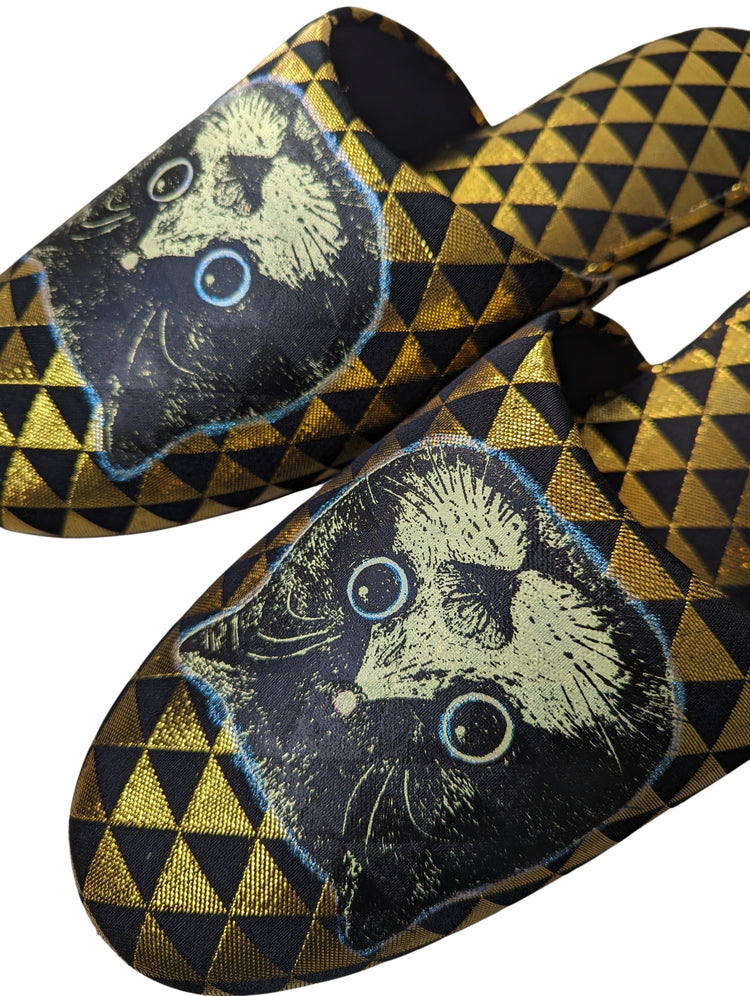 XL Black Gold Satoshi Onodera / FujiTama-Chang Cat mix slippers  #2023SS-04 / Silkscreen Printed Mix Slippers [Black wool felt sole] XL
