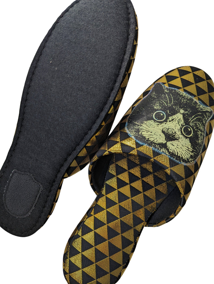 XL Black Gold Satoshi Onodera / FujiTama-Chang Cat mix slippers  #2023SS-04 / Silkscreen Printed Mix Slippers [Black wool felt sole] XL