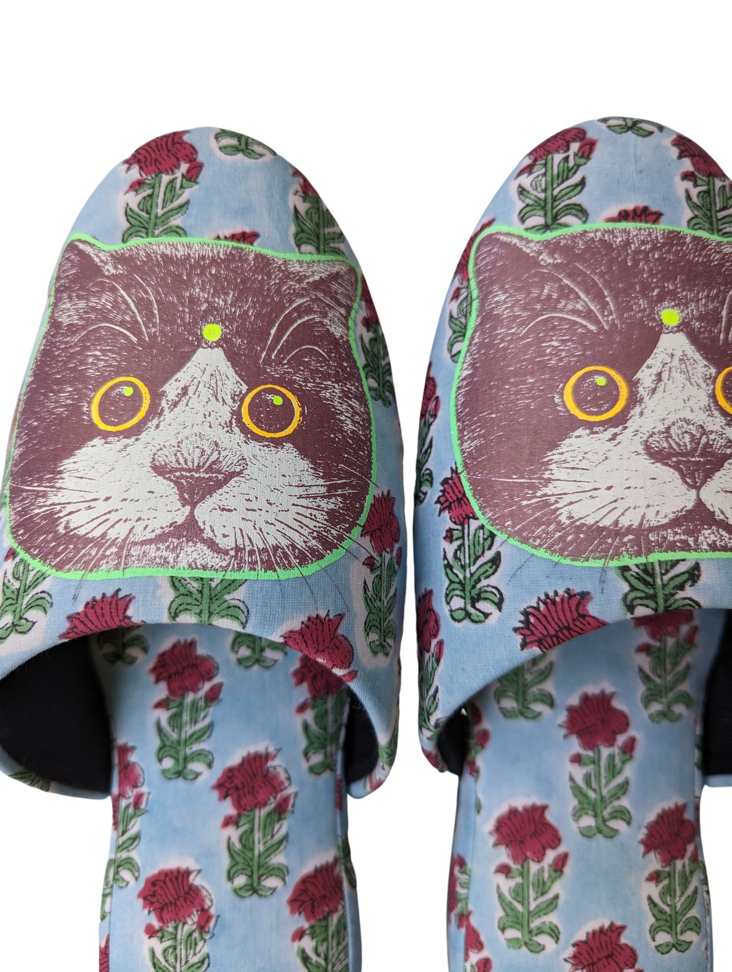 Large Satoshi Onodera / FujiTama-Chang Cat mix slippers  #20S-07 / Silkscreen Printed Mix Slippers [Black wool felt sole] Large