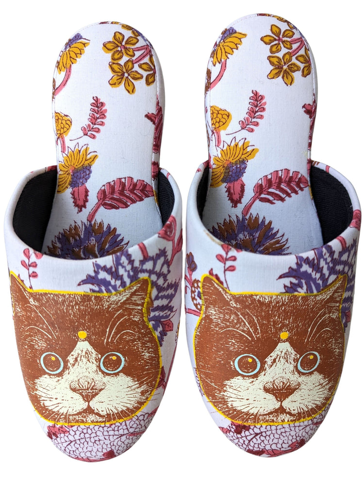 Large Satoshi Onodera / FujiTama-Chang Cat mix slippers #2023SS-10 / Silkscreen Printed Mix Slippers [Black wool felt sole] Large
