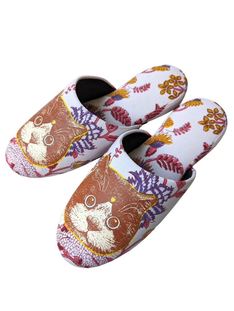 Large Satoshi Onodera / FujiTama-Chang Cat mix slippers #2023SS-10 / Silkscreen Printed Mix Slippers [Black wool felt sole] Large